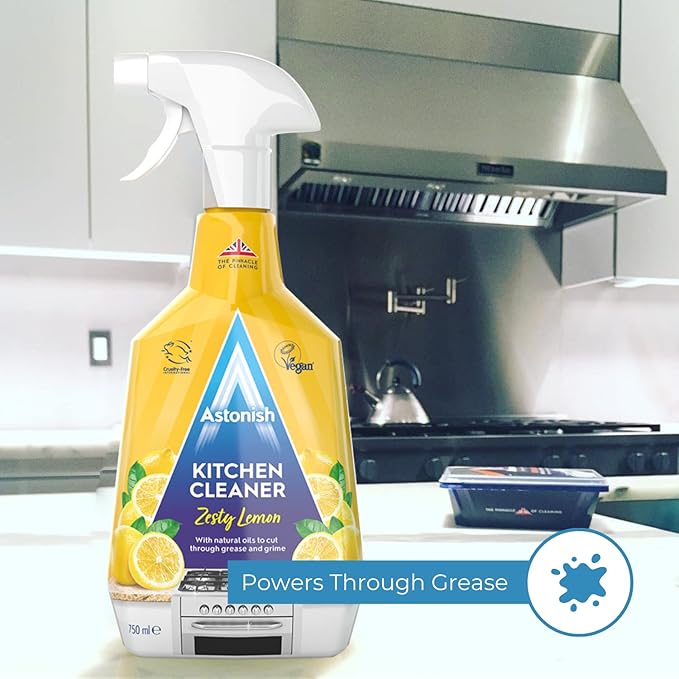 Astonish Kitchen Bundle - Includes Multi Purpose Cleaning Spray with Bleach Extra Strength Grease Lifter with Baking Soda and Zesty Lemon Scented Kitchen Cleaner - Cruelty Free - (750ml each)