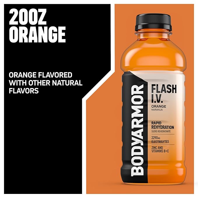 BODYARMOR Flash I.V. Electrolyte Beverage Orange Hydration Drink with Coconut Water For Rapid Rehydration Post Workout Recovery 20 Fl Oz (Pack of 12)