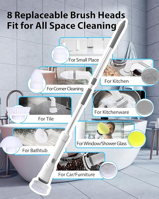 UBeesize Electric Spin ScrubberLong Cordless Cleaning BrushRotatable Shower Scrubber with 8 Replaceable HeadsAdjustable Detachable Handle Bathroom Scrubber for BathtubTileFloor and Car Cleaning