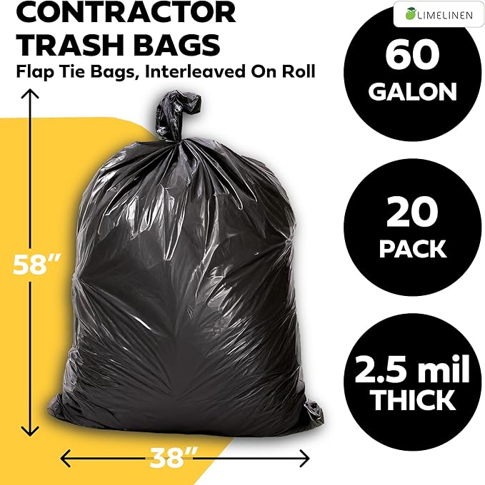 Lime Linen 60 Gallon Heavy Duty Contractor Xl Black Garbage Bags | Industrial Construction &amp Yard Waste | Tear Resistant | 40 Pack Extra Thick 2.5 Mil Tie Bags Interleaved On Roll Secure Closu