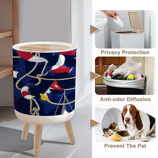 Small Trash Can with Lid Navy Flags Ropes Blue Seamless Nautical Style for 1.8 Gallon/7L Garbage Can Waste Bin with Press Top Lid Legs Waste Basket for Bathroom Kitchen Bedroom