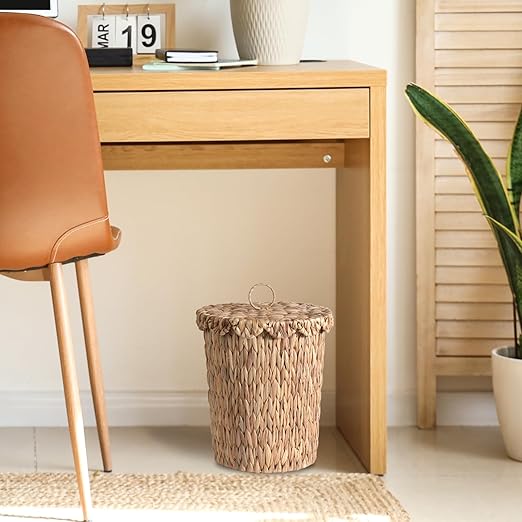 4 Gallon Wicker Trash Can with Scalloped Edge Lid Wicker Waste Basket with Removable Plastic Liner for Bathroom Bedroom Office Home