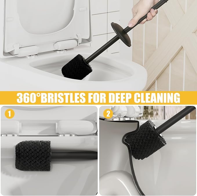 BESy Toilet Brush and Holder Toilet Cleaner Bowl Set with Two Brush with Extra Long Handle Durable Bristles Toilet Scrubber and Covered Holder Drip-Proof Stainless Steel Matte Black
