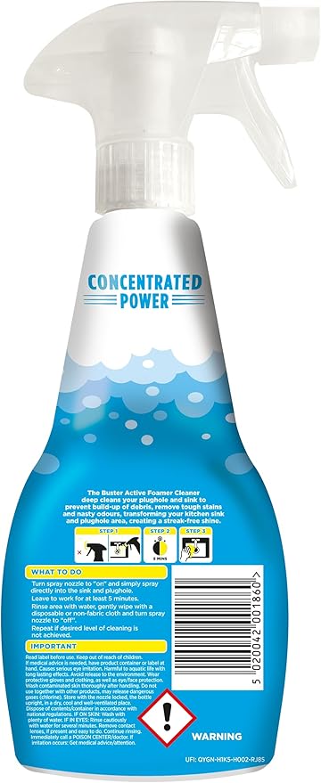 BUSTER Active Foam Sink &amp Drain Cleaner 500ml x 2 - Sink Cleaner to Remove Limescale &amp Stains - Daily Plughole Foam Cleaner &amp Odour Eliminator – Foam Cleaner for Sinks Showers Drains and