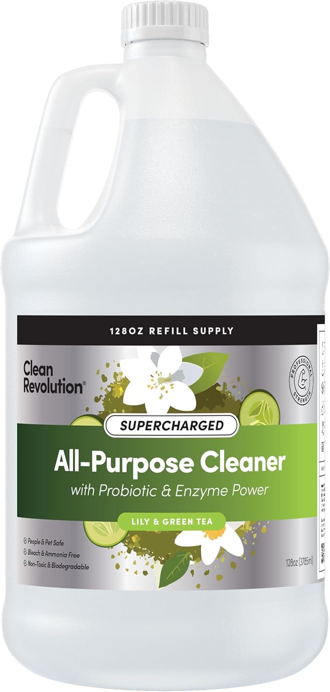 Clean Revolution SuperCharged All Purpose Cleaner Refill with Smart Probiotic + Enzyme Complex Multi-Surface Kitchen Bathroom &amp Floor Cleaner Lily &amp Green Tea 128 Fl Oz