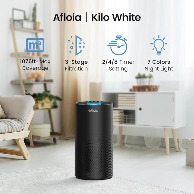 Afloia Air Purifiers for Home Large Room Up to 1076 Ft² 3-Stage Filter Air Purifiers for Bedroom 22 dB Air Purifiers for Pets Dust Dander Mold Pollen Odor Smoke Kilo Black 7 Colors Light
