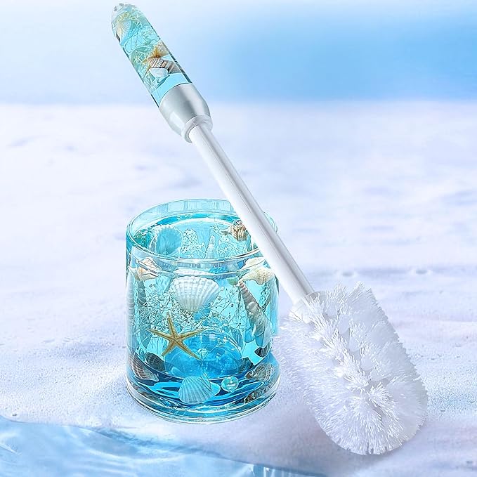 FONMY Toilet Brush and Holder Acrylic with Nature SeashellCompact Size Toilet Bowl Brush with Plastic Handle Easy to Hide Drip-ProofSpace Saving for StorageEasy to AssembleDeep Cleaning (Blue)