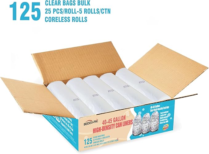 40-45 Gallon Lawn &amp Leaf Trash Bags 125 Count Bulk Heavy Duty Clear Plastic Recycling Bags Multi-purpose Garbage Bags for Home Commercial Outdoor Construction Industrial
