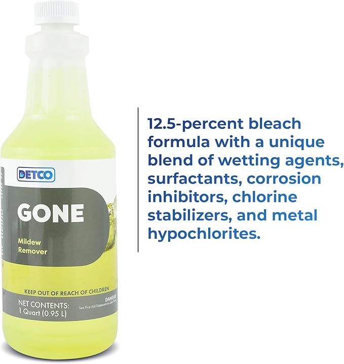 GONE Instant Mold &amp Mildew Remover - 12.5% Bleach Industrial-Strength Cleaner Stain Removal on Shower Siding Bathroom Tile Grout Trim Boats and Outdoor Furniture 1-Quart Spray Bottle