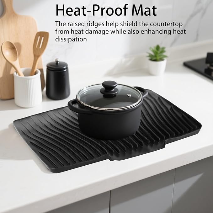 2 Pcs Extra Large Silicone Dish Drying Mat with Drain Lip 23.6 x 19 Inch Dish Drainer Liner Rubber Counter Drying Pad for Kitchen Sink Drawer (Black)