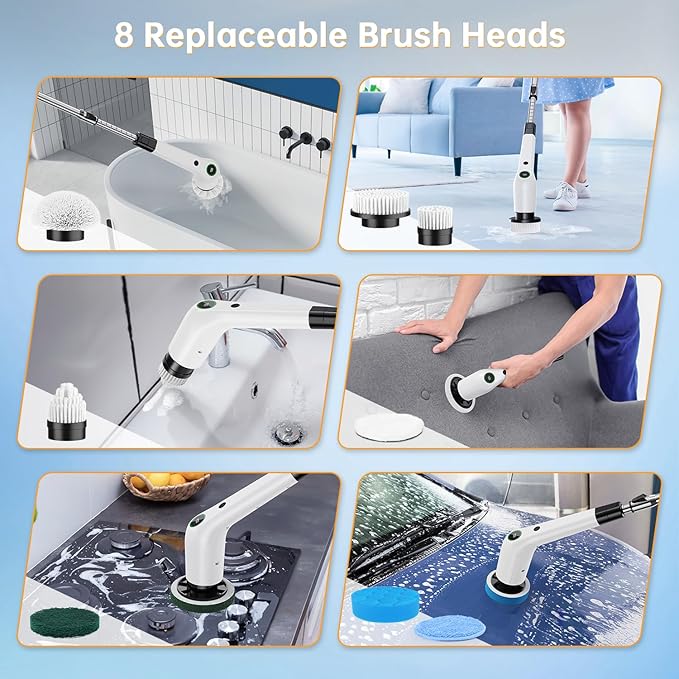 Electric Spin Scrubber Cordless Shower Scrubber with 8 Scrub Brush 2 Speed with Adjustable Extension Handle Battery Level Display Power Scrubber for Bathroom Bathtub Tile Floor (Black)