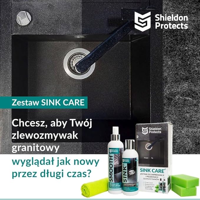 Shieldon Sink Care Kit – Cleaner &amp Nano Sealer for Granite Composite Ceramic &amp Natural Stone Sinks – Restores Shine Repels Stains Grease &amp Hard Water – 2 Sponges &amp Microfiber Cloth