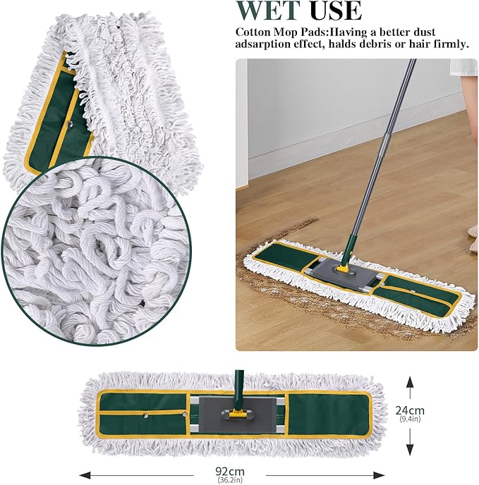 36 Commercial Mop Masthome Heavy Duty Industrial Mop for Floor CleaningCommercial Dust Mop with 3 Reusable Pads60”Long Handle Wet Dry Flat Mops for Hardwood Floors Marble Laminate Tile(Green)