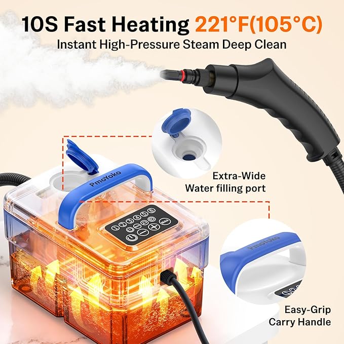 2500W Handheld Steam Cleaner with 16pcs Accessories &amp 1.6L Tank 10S Fast Heating &amp High Temperature Portable Steam Cleaner for Home Car Steamer for Cleaning Windows Grout Upholstery and M