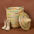 Wicker Storage Basket Handwoven African Basket 12 Inch Wide 14 Inch Tall Colorful Pattern on Beige