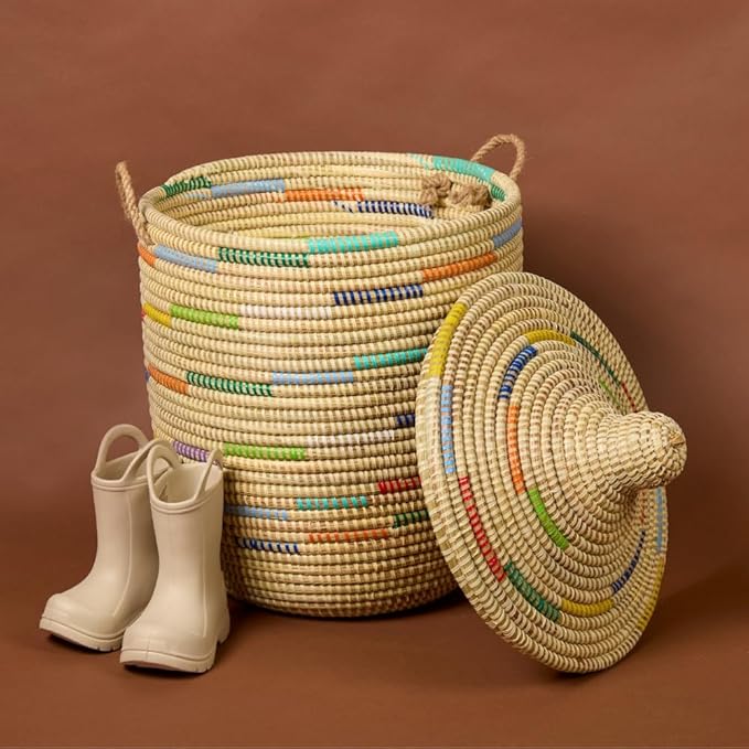 Wicker Storage Basket Handwoven African Basket 12 Inch Wide 14 Inch Tall Colorful Pattern on Beige