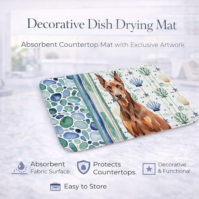 Caroline's Treasures Red Doberman Pinscher Coastal Sea Glass Dish Drying Mat Absorbent Dish Drying Mat Pad for Kitchen Counter Dish Drainer Mat for Countertop 14 x 21 Multicolor