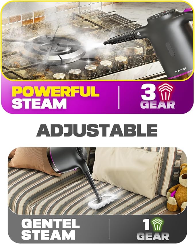 POPCHOSE Handheld Steam Cleaner for Home Portable Pressurized Steamer for Cleaning Grout Surfaces Bathroom Couch 20S Fast Heat Up 12 Accessories Steam Adjustable Safety Lock Graypurple