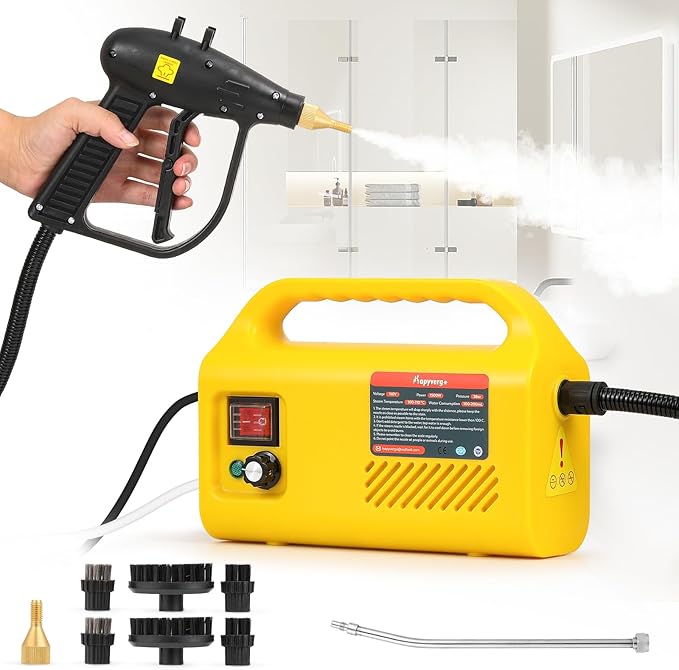 Pressurized Steam Cleaner Tankless 1500W Handheld Steamer for Cleaning Grout Tile Hand Held Portable Steam Pressure Washer for Home Kitchen Bathroom Car Auto 110V(Yellow)