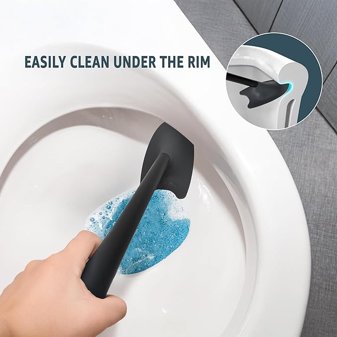 Broombi Sani-Flex Toilet Brush Squeegee and drip-Less Holder Set with a Patented Silicone Bristle-Free Head - no Mess no clinging gunk or Poo Super Clean Solution (Black)