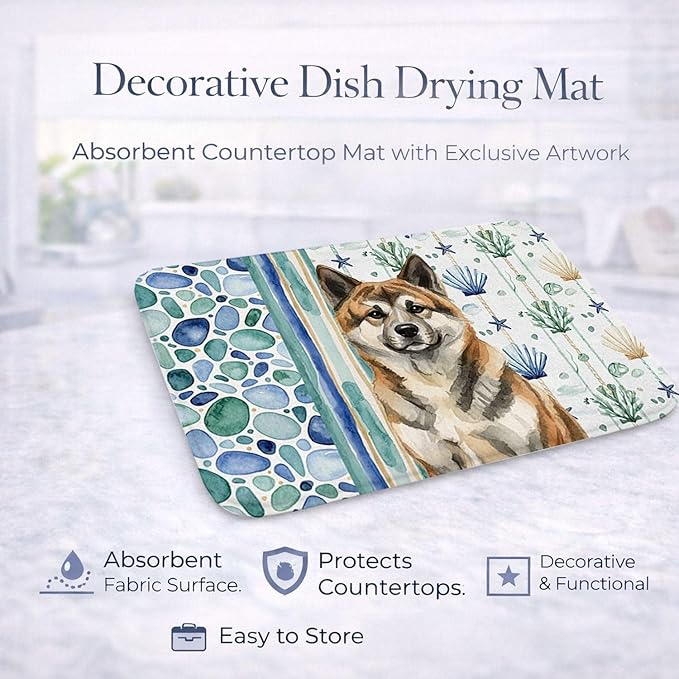 Caroline's Treasures Brindle Akita Coastal Sea Glass Dish Drying Mat Absorbent Dish Drying Mat Pad for Kitchen Counter Dish Drainer Mat for Countertop 14 x 21 Multicolor