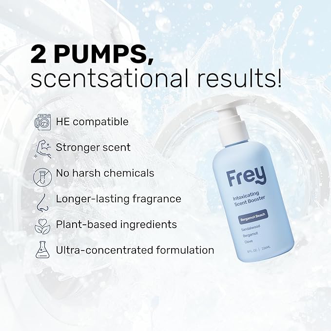 FREY In-Wash Laundry Scent Boosters - Fragrance Booster &amp Fabric Smell Deodorizer | Odor Eliminator for Fresh Scented Clothes (8 Fl (Pack of 2) Bergamot Beach)