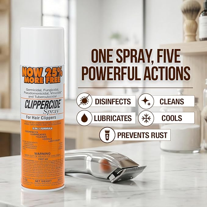 CLIPPERCIDE 5-in-1 Clipper Disinfectant Spray 15oz 3 Pack | Cleans Lubricates Cools Prevents Rust &amp Disinfects | Professional Clipper Spray for Barbers Stylists &amp Pet Groomers | Made by B