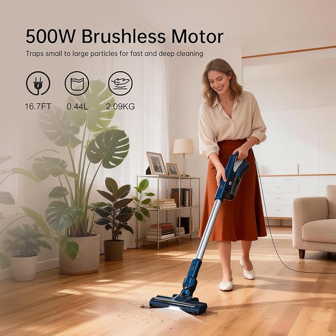 Corded Stick Vacuum Cleaner for Home Pet Hair &amp Hard Floors500W 16.7Ft Power Cord Ultra-Lightweight Vacuum Cleaner with Powerful Suction for Tile and Low-Pile Carpet Handheld Vac(VA002)