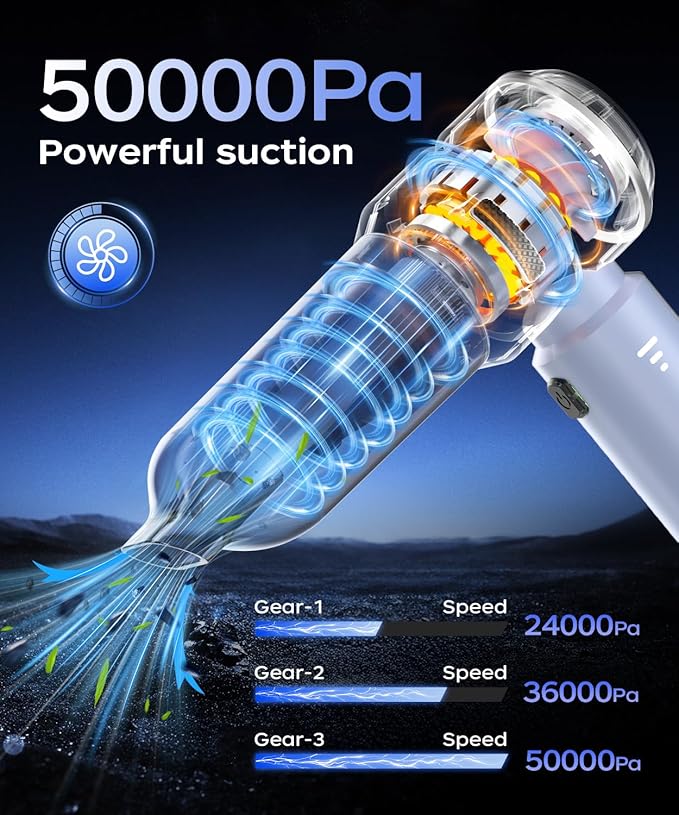 Car Vacuum3 Suction ModesPortable Mini Cordless Cleaner with 50000pa Suction PowerType-C ChargeHandheld Vacuum for HomeCarBirthday Gifts for Men Dad Husband (Blue)