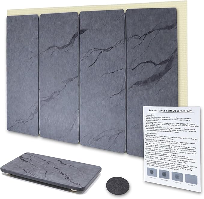 2 PCS Large Stone Dish Drying Mat for Kitchen Counter Diatomaceous Earth Quick Dry Foldable Dish Drying Pad with Anti Slip Mesh Mats(16x24in 4x8in grey)