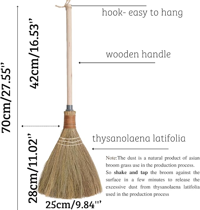 Natural Whisk Sweeping Hand Handle Broom - Vietnamese Straw Soft Broom for Cleaning Dustpan Indoor - Outdoor - Decorative Brooms - Wooden Handle - 9.84'' Width 27.55 Length