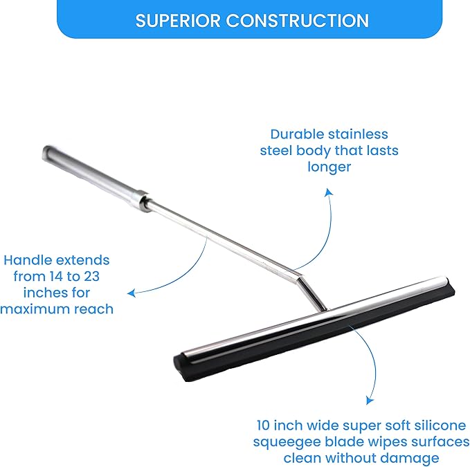 Shower Squeegee with Long Handle and Adhesive Hook. for Glass Doors Tile Walls Mirrors and Windows. Telescoping Squeegee for Cleaning. Bathroom Stainless Steel Squeegee 10inch Wide Chrome – 1pk