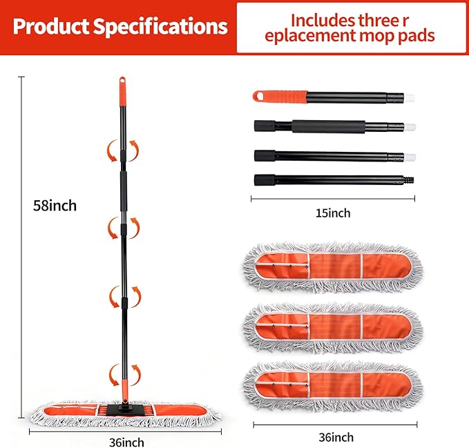 36 Large Commercial Dust Mops for Industrial Floor Marble LaminateTileConcreteGarage. Janitor Broom Wide Dry mop for Hardwood Heavy Duty Long Handle Hotel Gym Household Cleaning Supplies