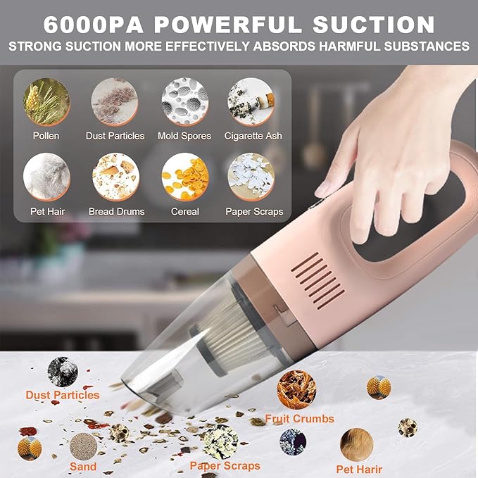 Portable Handheld Vacuum Cleaner Cordless Cleaner for Dirt Home Pet Hair Car Interior Dust Power Suction Lightweight Stylish Hand Vacuum (Pink)