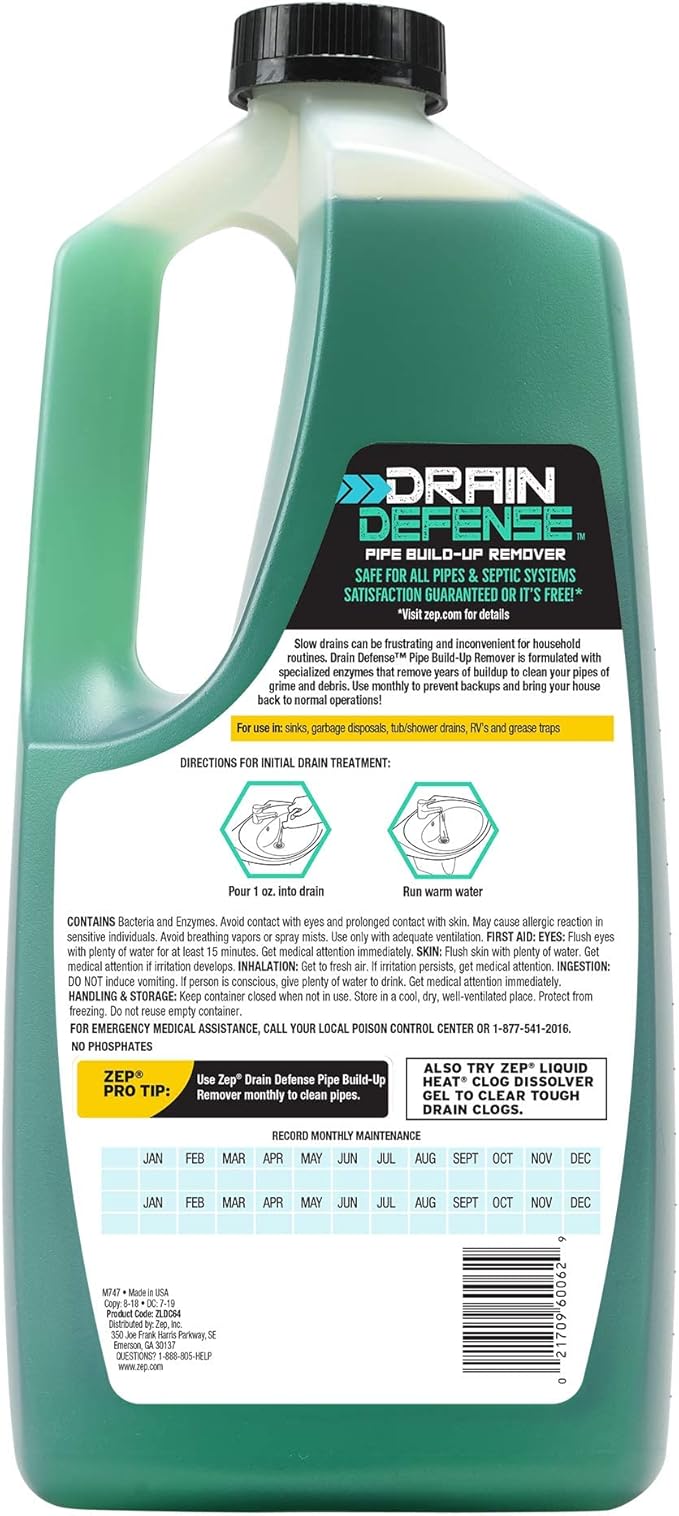 Zep Drain Defense Pipe Build-Up Remover (64 Ounces) and Advanced Tub &amp Shower Drain Opener Gel (32 Ounce)