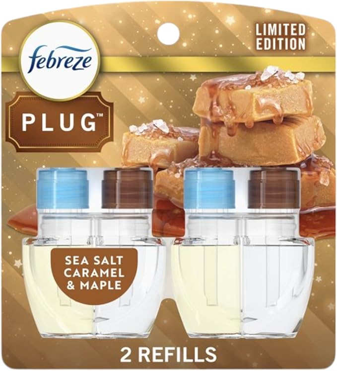 Febrezee Plug In Refills New Edition Plug In for Odor-Fighting Fade Defy PLUG Air Freshener (2) Count of 0.87 fl oz Refills (Sea Salt Caramel &amp Maple)