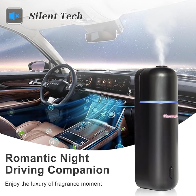 Car Air Freshener Diffuser Motion Sensor Waterless Essential Oil Diffuser for Car USB Rechargeable Air Freshener with 6 Refill Scents（Hilton/Sandwood/WhiteTea/Diamond/GreenBamboo/Pachuli