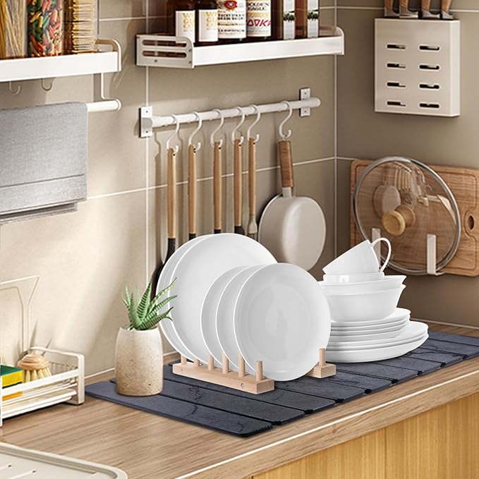2 PCS Quick Dry Stone Dishes Mats for Kitchen CounterCollapsible Quick Drying Dish MatsUltra Absorbent Diatomaceous Earth Mats for Dishes Bottles Cups Match Any Countertop（Gray 24×16&amp 8x4）