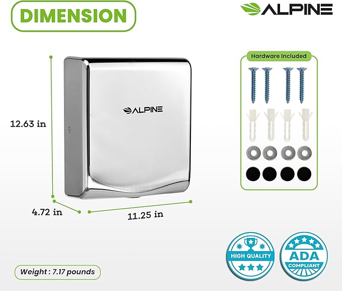 Alpine Commercial Hand Dryer with HEPA Filter 8 Seconds Extreme Speed Electric Hand Dryer for Home Bathroom/Restaurant with Heat &amp Speed Control - ADA Compliant (120V Chrome)