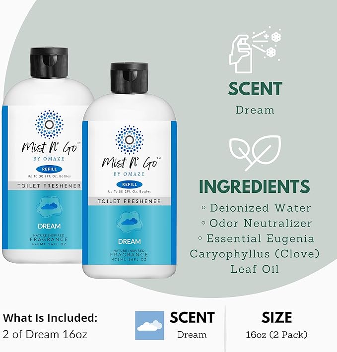 Mist N' Go by OMAZE Bathroom Odor Spray for Toilet Spray Refill Bottle - Multitasking Toilet Spray - Bathroom Spray Odor Eliminator for Strong Odors | Dream 16oz (2 Pack)