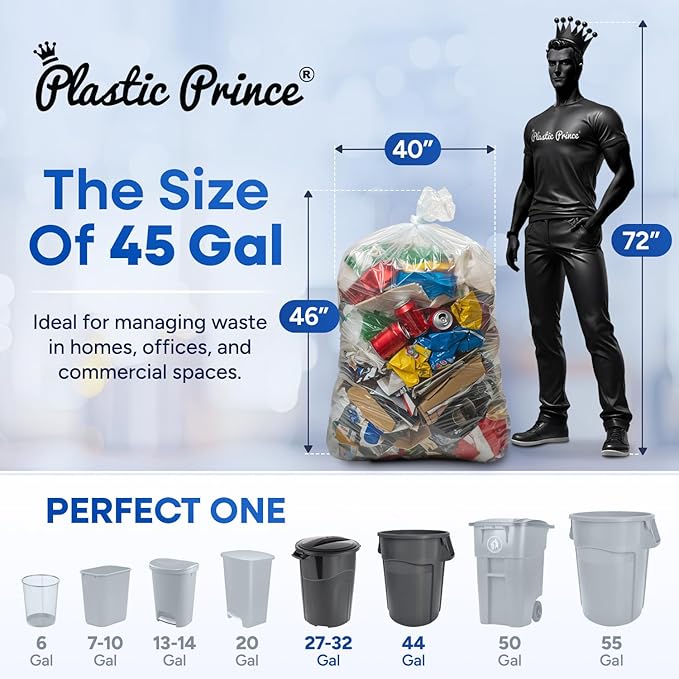 40-45 Gallon Trash Bags Heavy Duty 2 Mil Fit Rubbermaid Brute Rollout Round and Square 32-44 gal Trash Cans 40 x 46 Trash Liners Clear Pack of 100