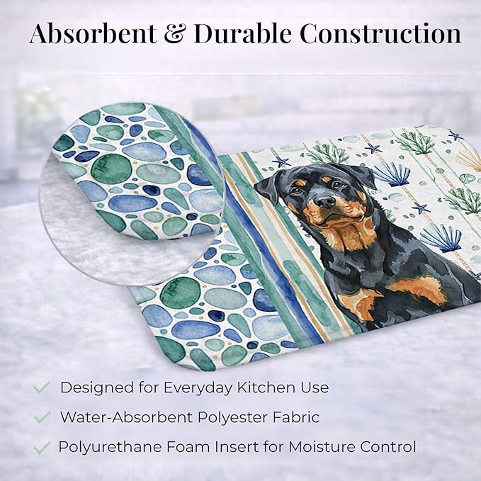 Caroline's Treasures Rottweiler Coastal Sea Glass Dish Drying Mat Absorbent Dish Drying Mat Pad for Kitchen Counter Dish Drainer Mat for Countertop 14 x 21 Multicolor