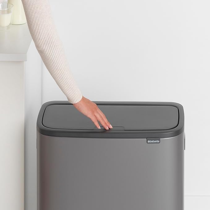 Brabantia Bo Touch Top Kitchen Trash Can with Dual Compartments | Platinum | 2 x 8 Gal Inner Buckets | Soft-Close Garbage Can Light Touch Opening Stay-Open Lid | Fits Against Wall | + Trash Bags