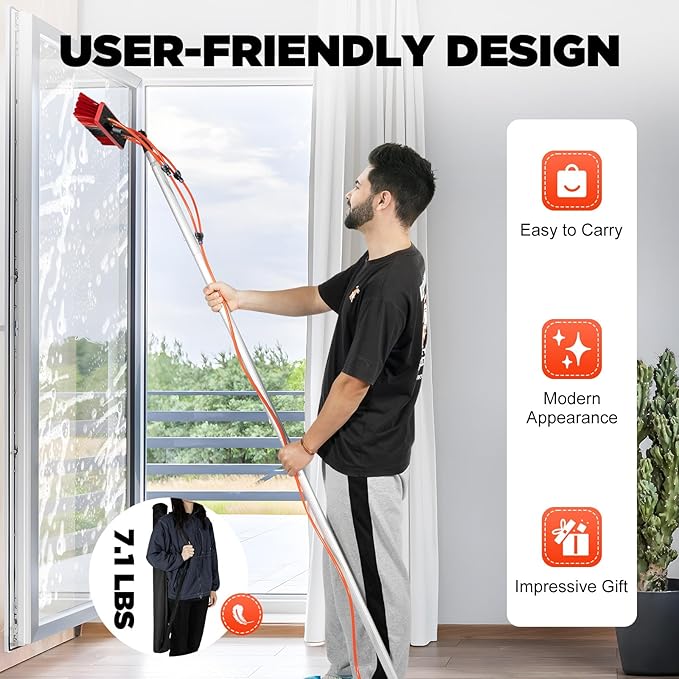 26.25FT(8m) Window Cleaning Equipment Window Washing Cleaner Tool with Adjustable Extension Cleaning Pole &amp Rotatable Brush Head for Household Outdoor