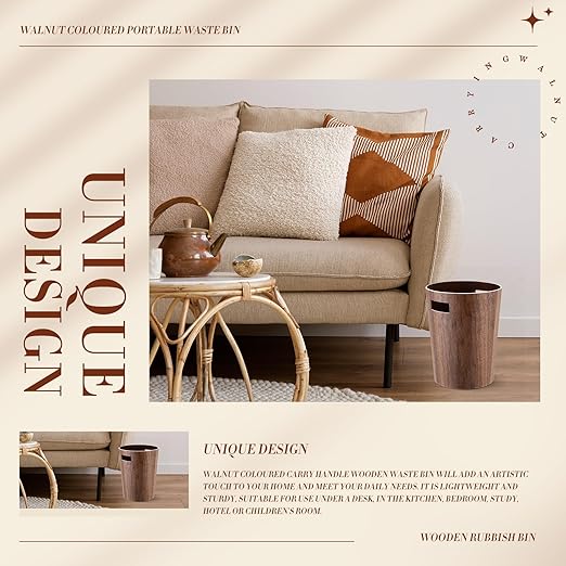 2 Pack 2.3 Gallons Wood Trash Can Wastebasket Natural Wood Round Wastebasket Small Trash Bin for Home Office Under Desk Kitchen Bedroom Hotel Room (Walnut ColorFlat)