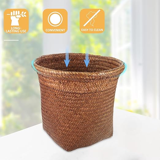 Homoyoyo Straw Woven Wastebasket Large Round Decorative Trash Can Bin for Bedroom Bathroom Home Office Smooth Edges Lightweight Paper Basket for Easy Waste Disposal Functional Storage