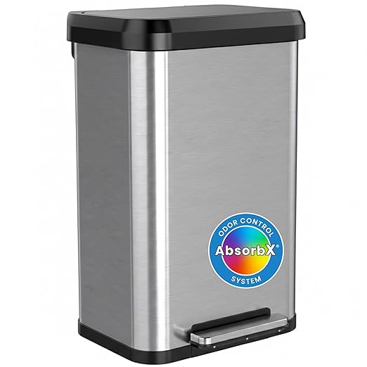 iTouchless SoftStep EXP 13.2 Gallon Step Pedal Trash Can Recycling Bin with Odor Filter Stainless Dent-Proof Plastic Lid Garbage Trashcan 50 Liter Bedroom Living Room Garage Home Office Wastebasket