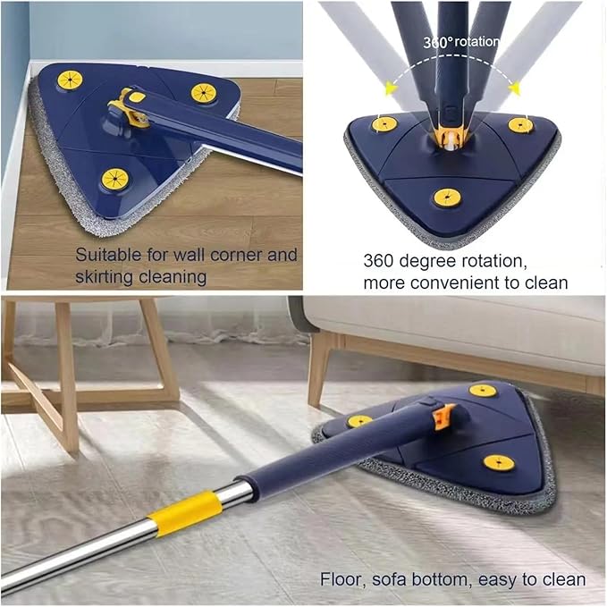 Triangle Cleaning Mop Telescopic 360° Rotatable Adjustable Microfiber with 4 Pads Floor Household Ceiling(5pcs Cloth)
