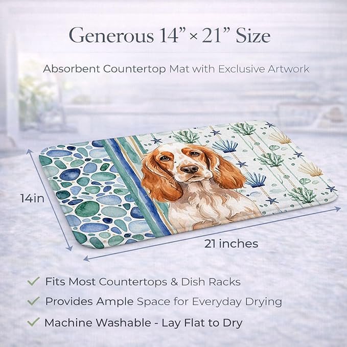 Caroline's Treasures Orange Roan English Cocker Spaniel Coastal Sea Glass Dish Drying Mat Absorbent Dish Drying Mat Pad for Kitchen Counter Dish Drainer Mat for Countertop 14 x 21 Multicolor