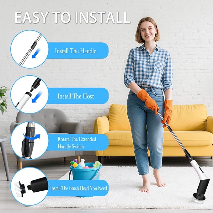 Spin Scrubber9-In-1Multifunctional Cleaning Brush with Detachable Handle9 Replaceable Brush Heads&ampLCD DisplayRechargeable Electric Spin Scrubber for BedroomBathroomKitchenCar